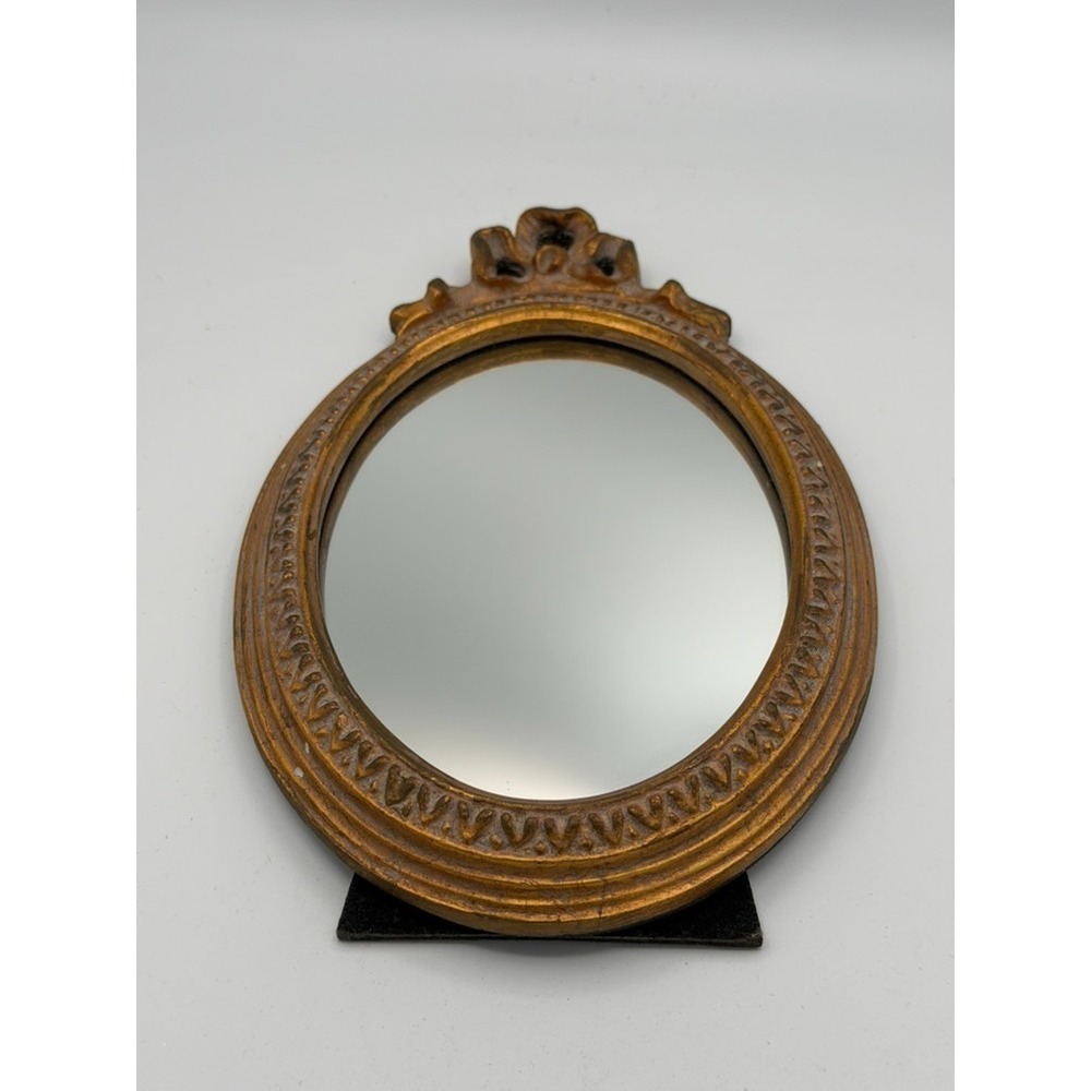 Vintage Ornate Gold Tone Round Tabletop Vanity Mirror w/ Easel Stand 10"